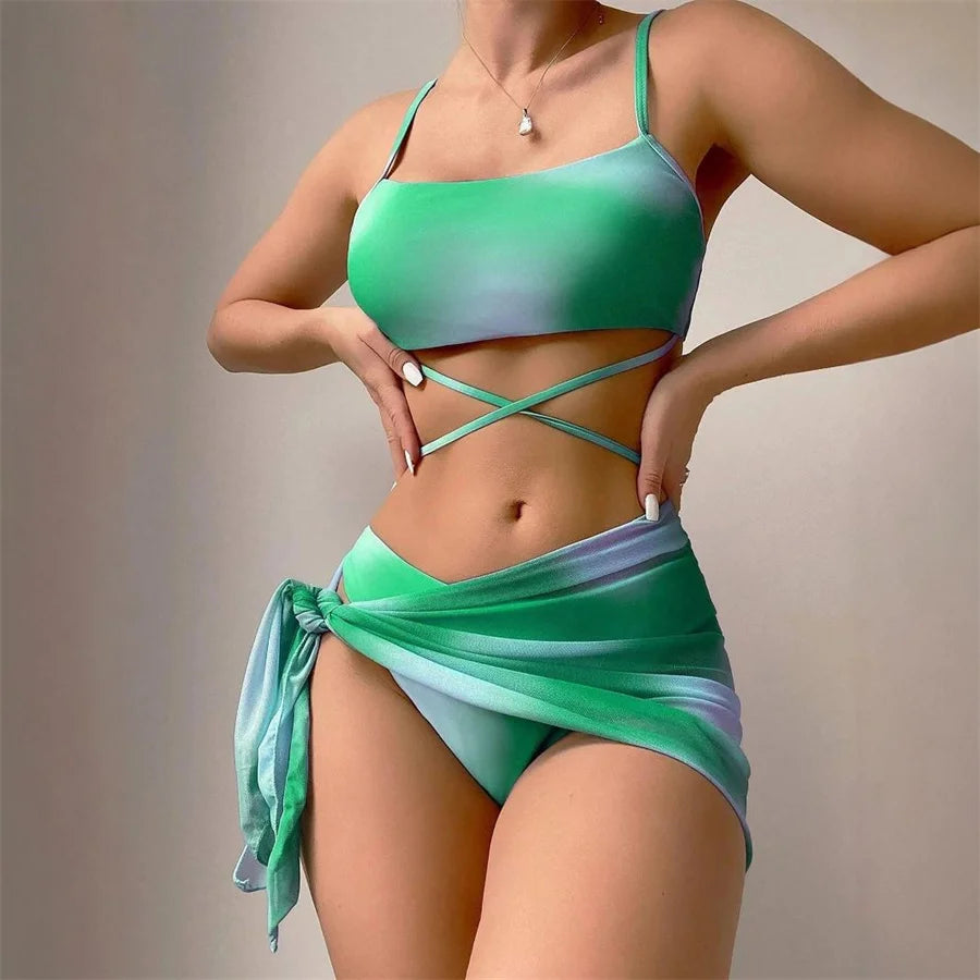 3 Pieces Bikini Suit Tie Dye Sexy Low Waist Bandage Swim Vest And Shorts Cover Up Swimwear Female Women Bathing Suits