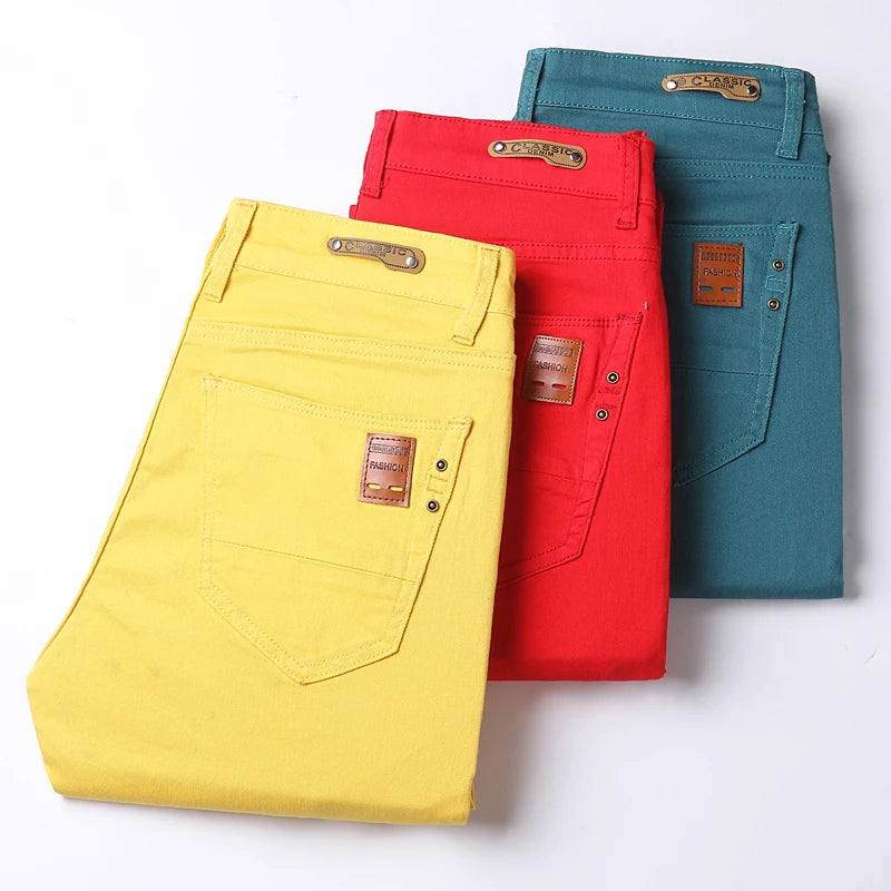 Classic Style Men's Jeans Fashion Business Casual Pants Straight Slim Denim Stretch Trousers Blue Red Yellow Male Brand Pants