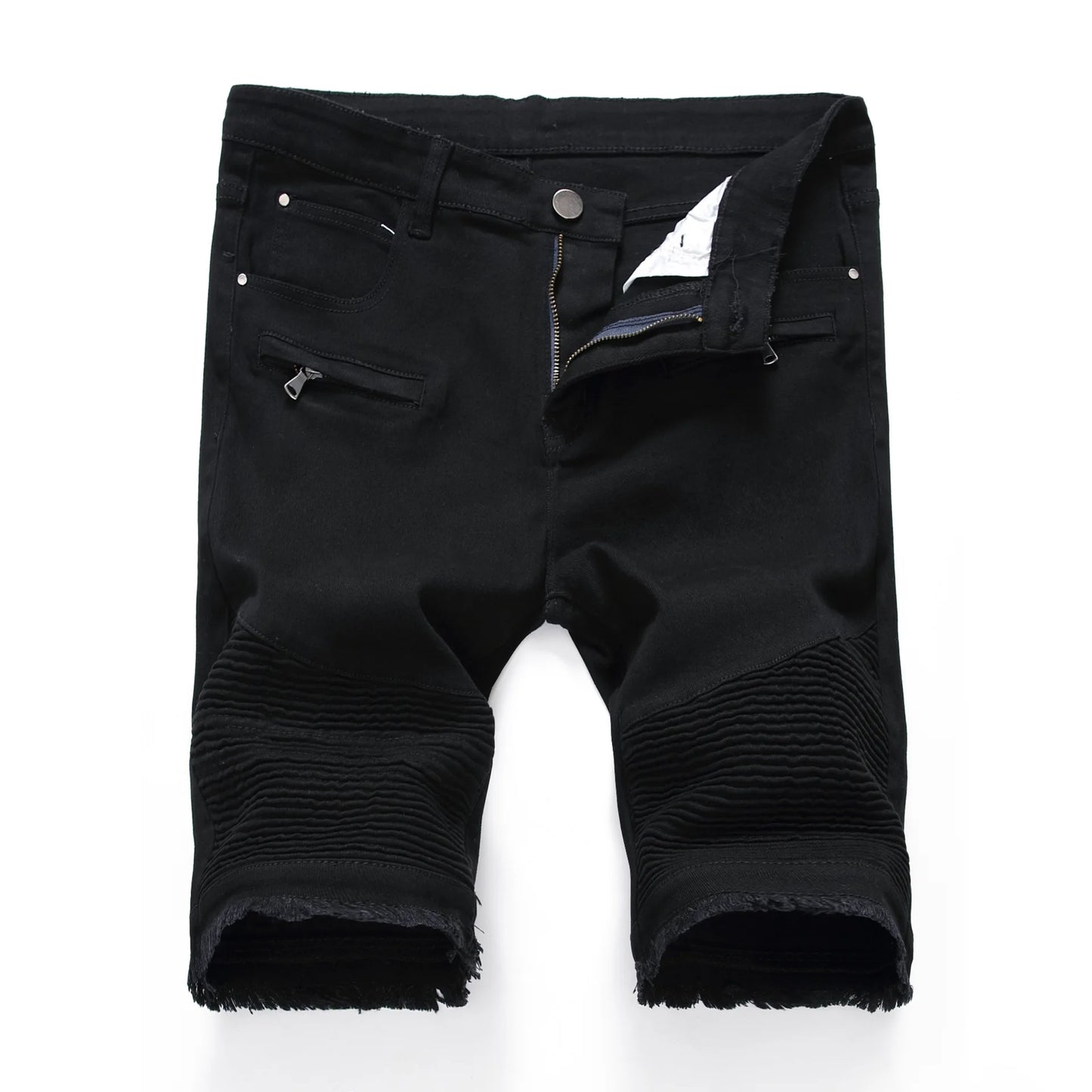2024 Summer New Men's Jeans Shorts, Pleats and Holes Decorated Shorts, Men Blue White Black Blue Red Denim Shorts