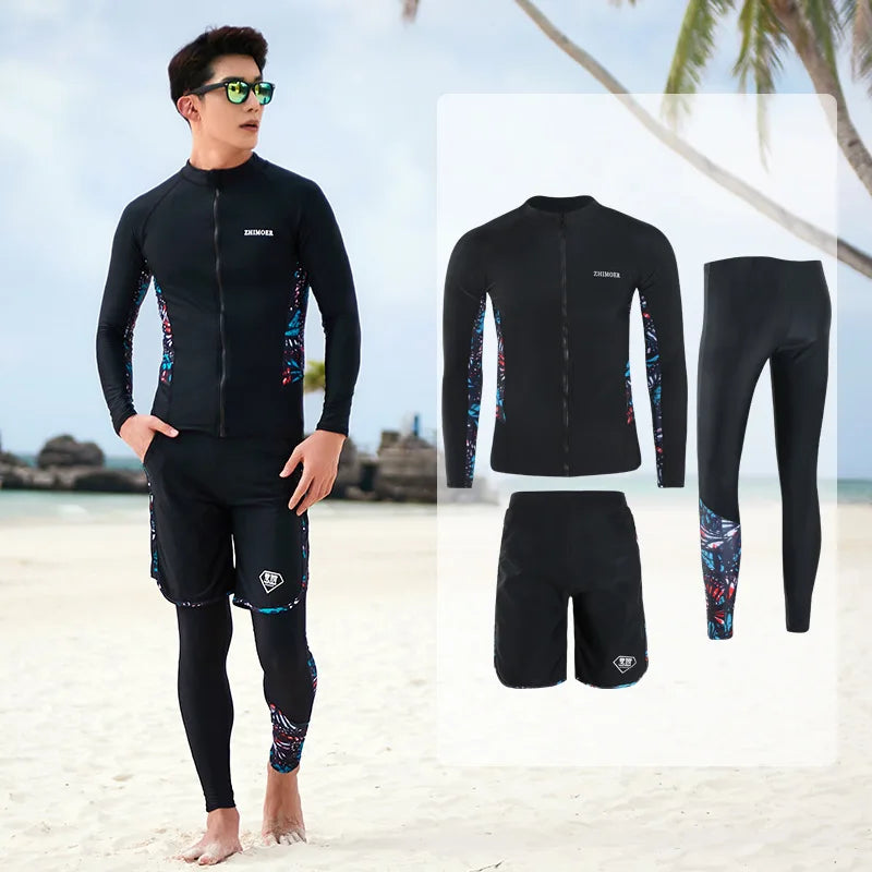 Men Rash Guard Diving Suits Surfing Swimwear Long Sleeve Suit Swim Shirt+Trunks+Shorts UV Swimming RashGuard Prevent Jellyfish