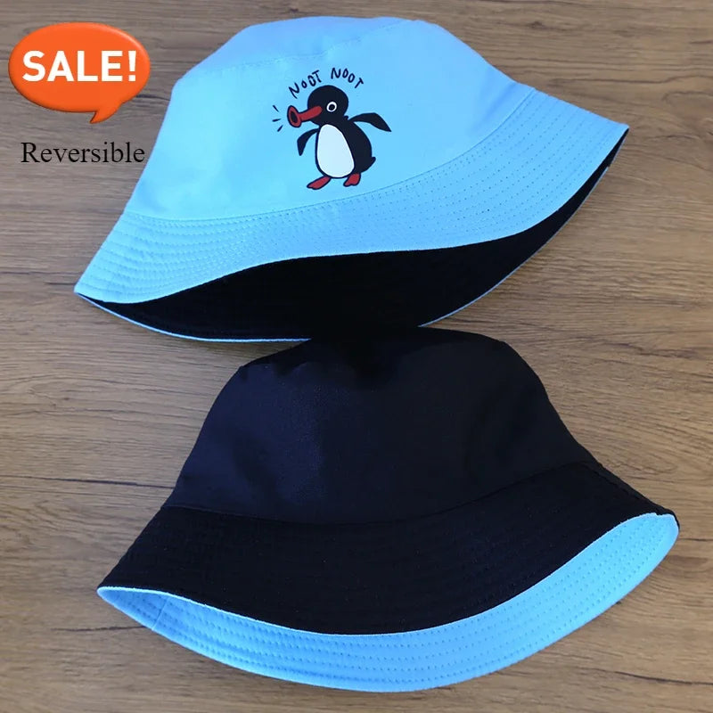 Summer Penguin Bucket Hat Reversible Bob Men Women Cotton Travel Beach Fisherman Hat Outdoor Sports Pull Up Bob Panama Sun Hat