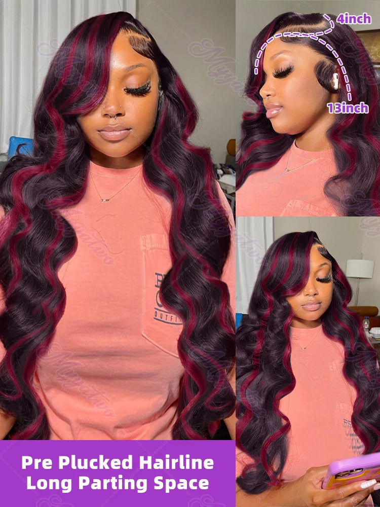 1b/99j Burgundy Highlight Body Wave 13x4 HD Lace Front Human Hair Wig Brazilian 30 32 Inch Colored 13x6 Lace Frontal Wigs 200%