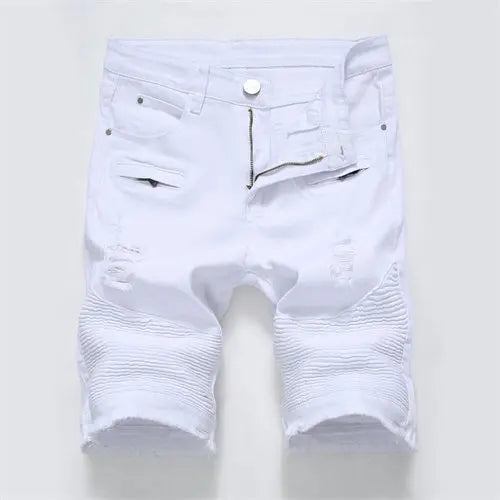 2024 Summer New Men's Jeans Shorts, Pleats and Holes Decorated Shorts, Men Blue White Black Blue Red Denim Shorts