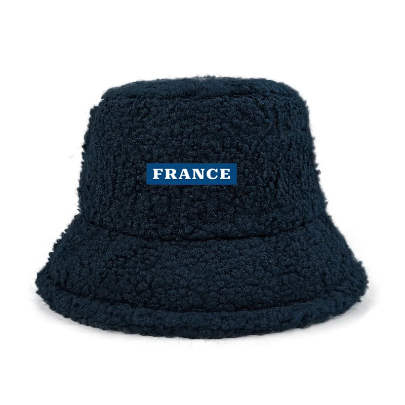Custom Logo Text France Lamb Faux Fur bob Bucket Hat Winter Warm Velvet Hat For Women Lady Outdoor men Panama Fisherman VEST Hat