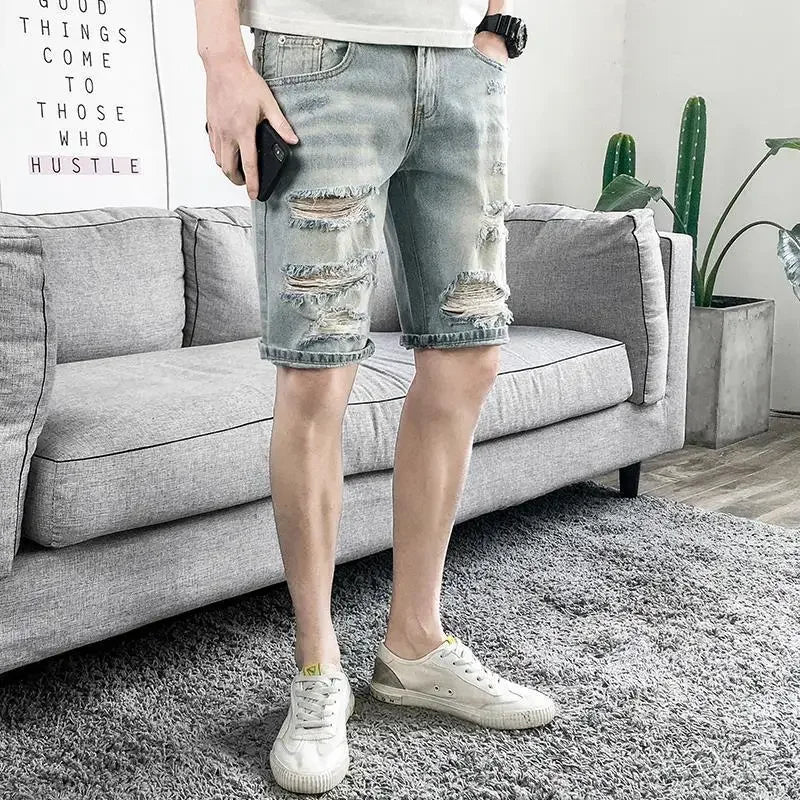 Man Denim Shorts Ripped Straight Trend 2024 Short Jeans Pants for Men New in Popular Xl Blue Y2k Fashion Cowboy Original Sale