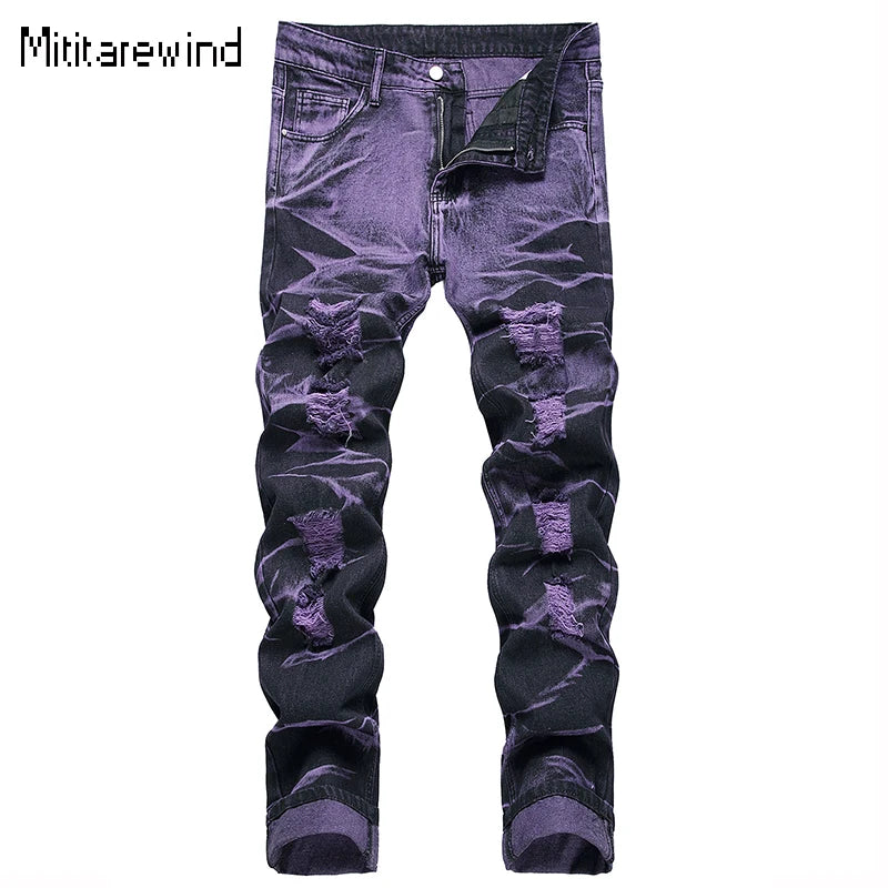 High Street Ripped Jeans for Men Four Seasons Casual Denim Pants Personalized Purple Black Straight Jeans Fashion Youth Trousers