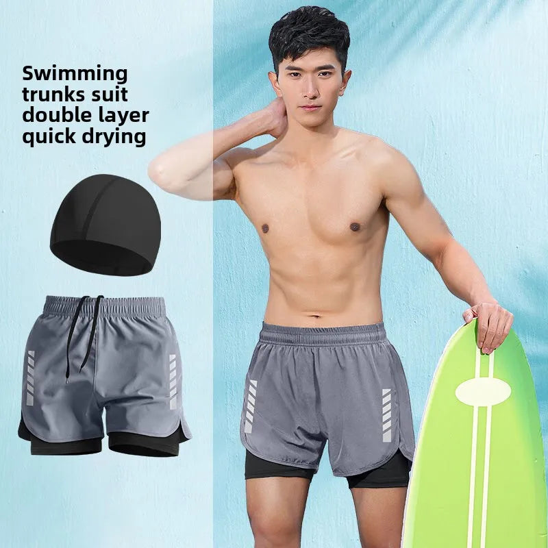 2025 New Anti Embarrassment Swimming Gear Complete Adult Swimsuit Set Swim Cap Goggles 3 Pcs Set Swimming Trunks for Men Short