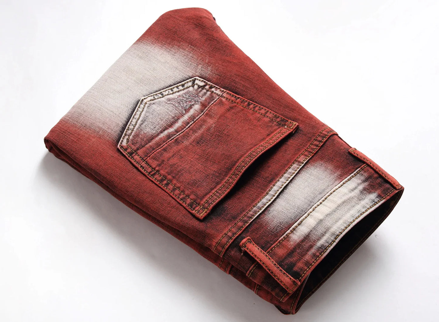 American Style Motorcycle Men's Jeans Y2k Streetwear 95% Cotton Pleated Zipper Design Slim Wine Red Jeans Vintage Pencil Pants