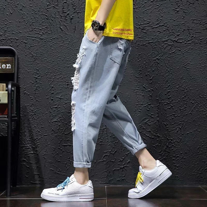Male Cowboy Pants Oversize Summer Cropped Ripped Men's Jeans with Holes Broken Torn Plus Big Size Trousers Korean Fashion Cheap