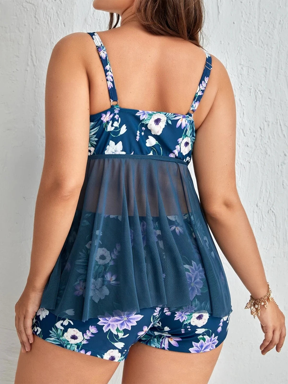 Floral Contrast Mesh Shorts Bikini Two Piece Swimsuit Dress Women Tankini 2025 Plus Size Swimwear Female Bathing Swimming Suit