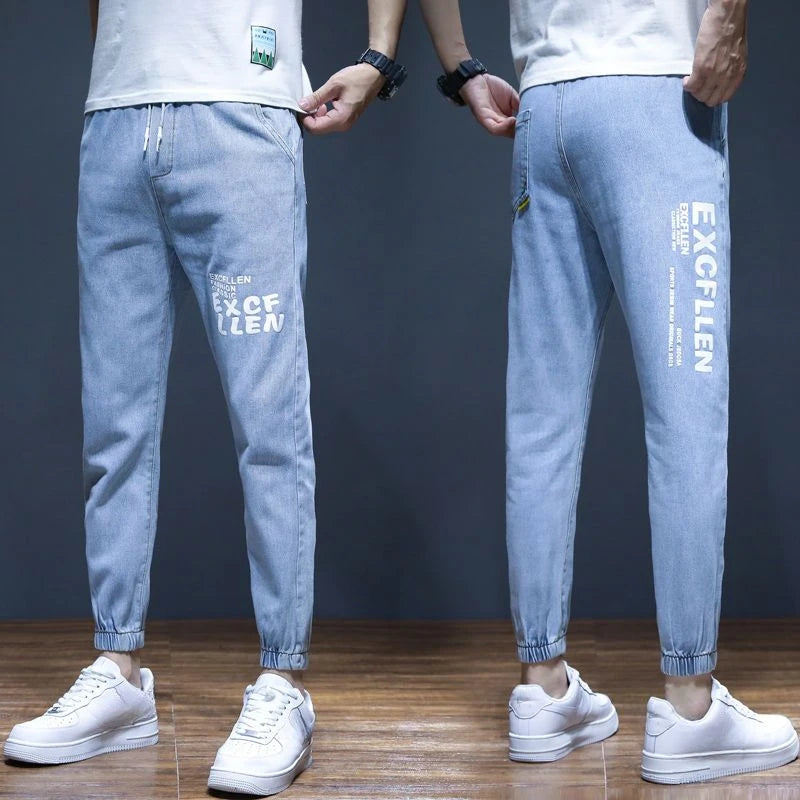 Men's Jeans With Print Tapered Male Cowboy Pants Spring Autumn Black Cropped Soft Trousers Stacked Youthful Emo Cheap Regular