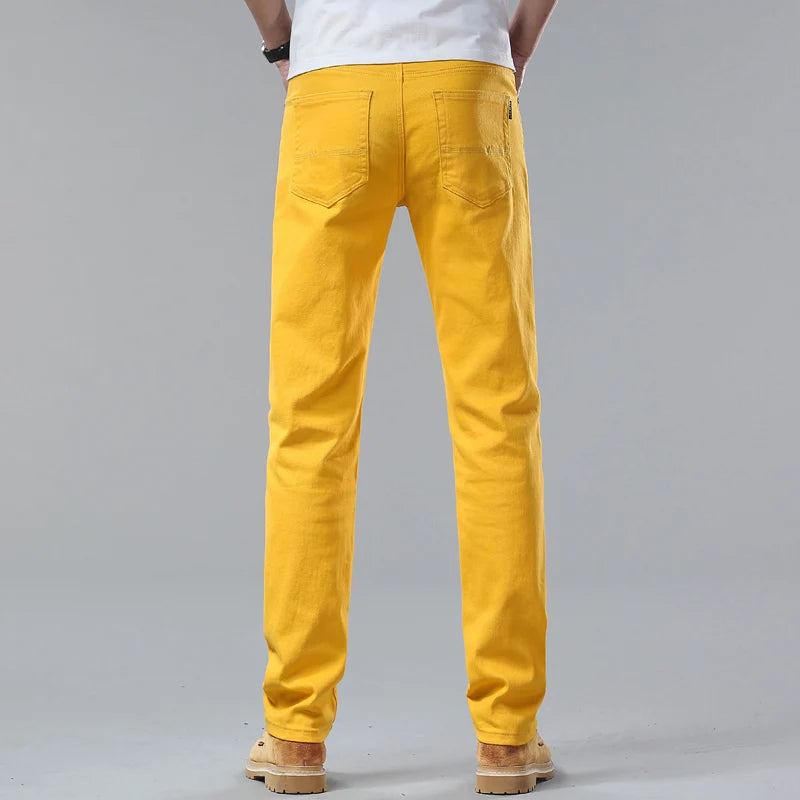 Denim Jeans Men Yellow Pink Solid Color Party Hip Hop Brand Trendy Men Handsome Denim Jeans Straight Slim Casual Pants Red