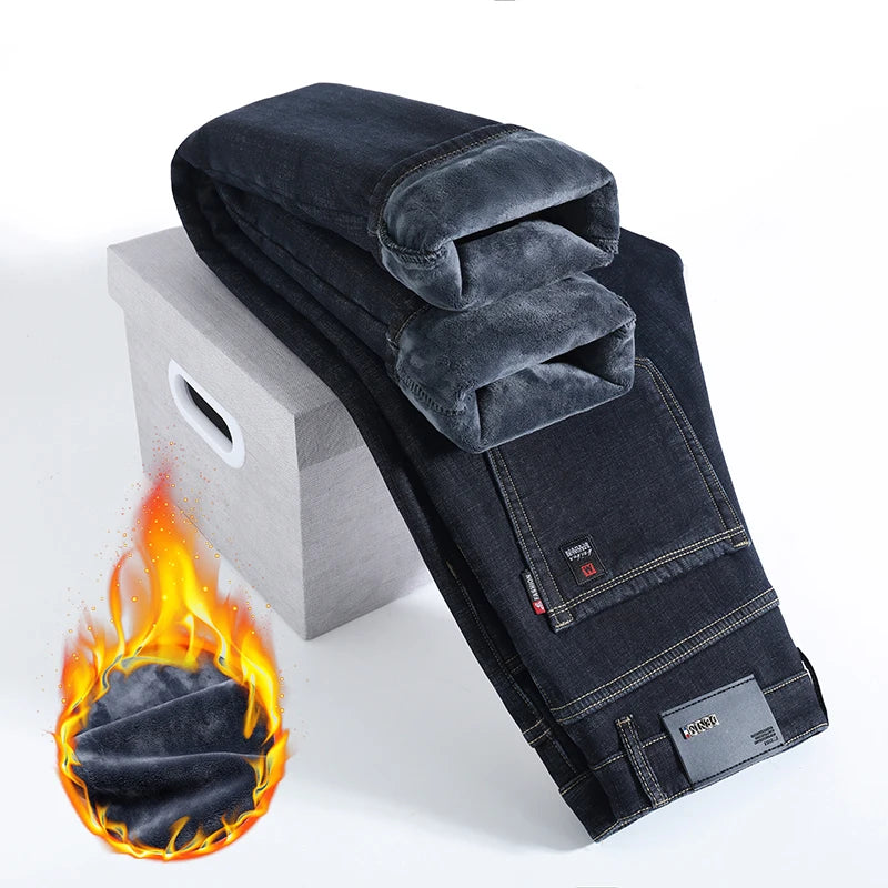 HIQOR Winter Fleece Thick Jeans Men Business Casual Straight Trousers Male Classic Blue Black Jeans For Men Work Denim Man Pants