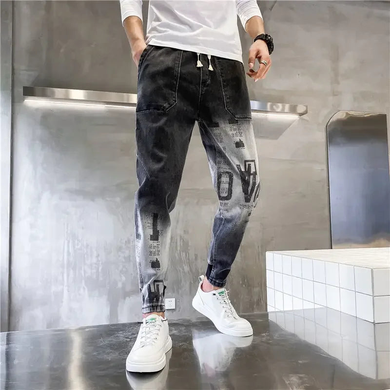 Harem Trousers with Print Black Graphic Jeans for Men Male Cowboy Pants Y2k Vintage Original Casual Cotton Y 2k Buggy Plus Size