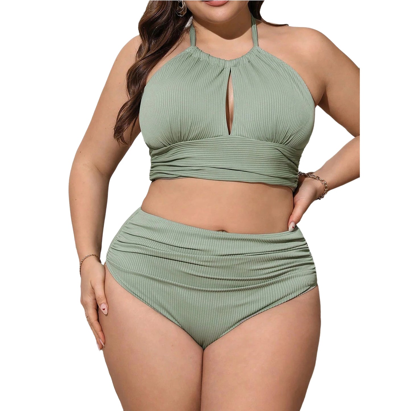 Women Plus Size Two-Piece Swimsuit Swimwear Halter Cutout Tops with Briefs Bikini Bathing Suit for Pool Beach Surfing Diving
