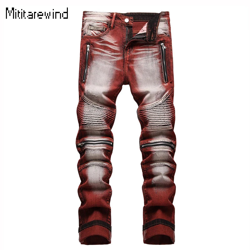 American Style Motorcycle Men's Jeans Y2k Streetwear 95% Cotton Pleated Zipper Design Slim Wine Red Jeans Vintage Pencil Pants