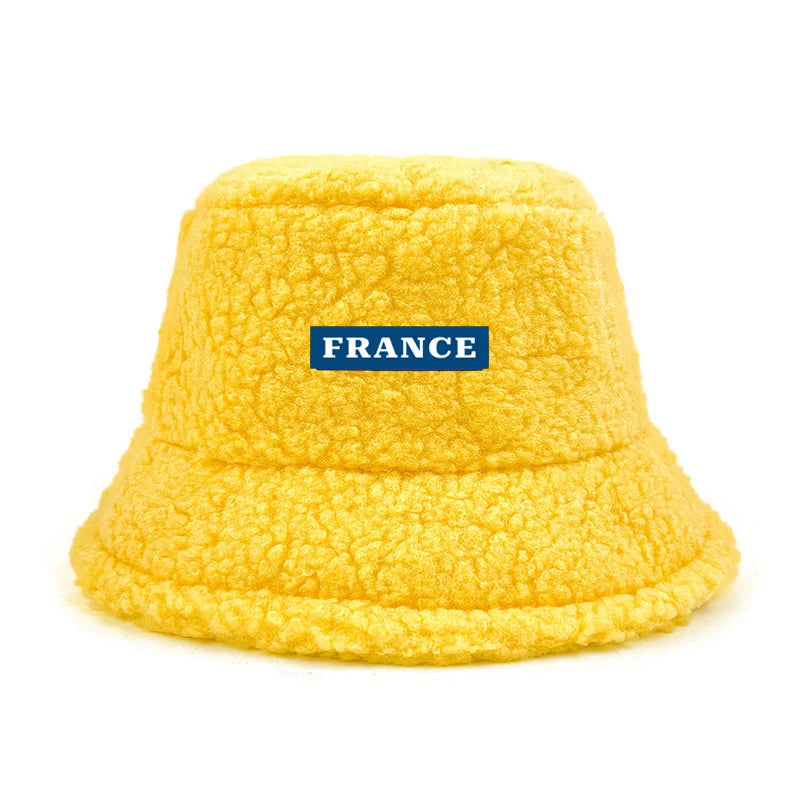 Custom Logo Text France Lamb Faux Fur bob Bucket Hat Winter Warm Velvet Hat For Women Lady Outdoor men Panama Fisherman VEST Hat