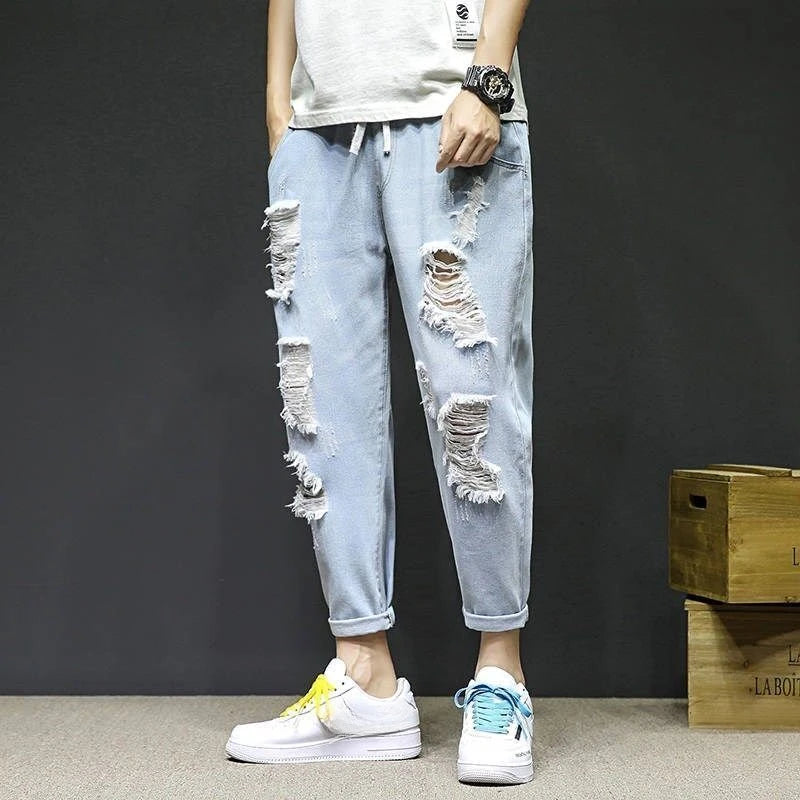 Male Cowboy Pants Oversize Summer Cropped Ripped Men's Jeans with Holes Broken Torn Plus Big Size Trousers Korean Fashion Cheap