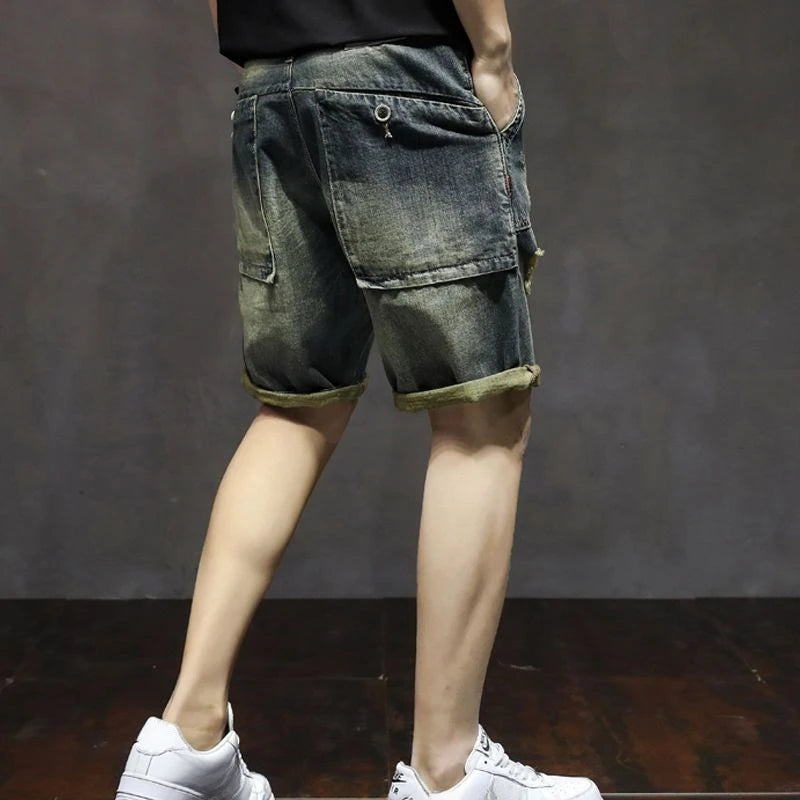 Men's Short Jeans Pants Cargo Ripped with Pockets Vintage Male Denim Shorts Streetwear Jorts Luxury Wih Zipper Buttons Blue Rude