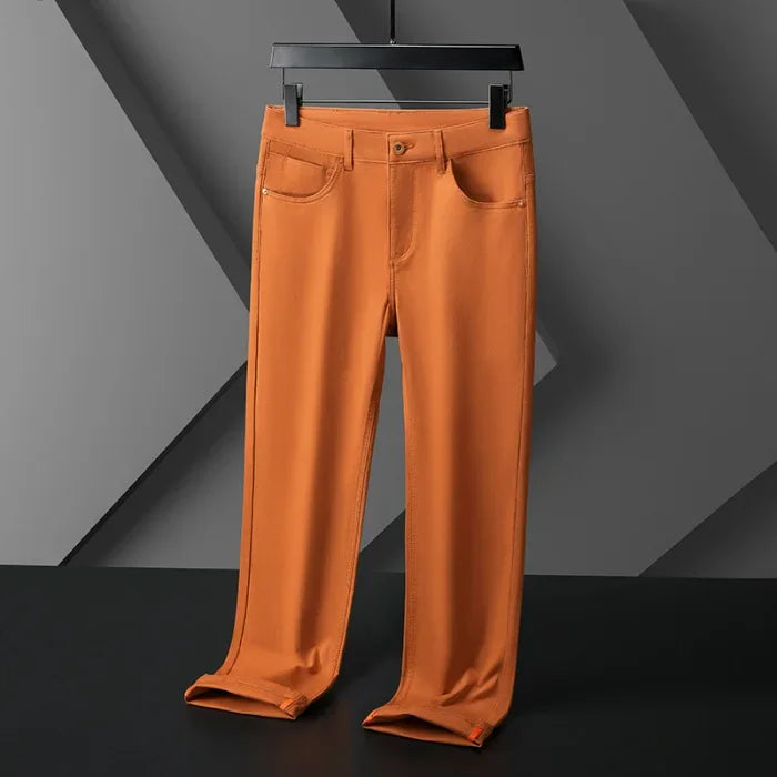 Orange Khaki Jeans for Men Spring and Summer Versatile Simple Classic Washed Stretch Slim Fit Ankle Tight Green Trousers