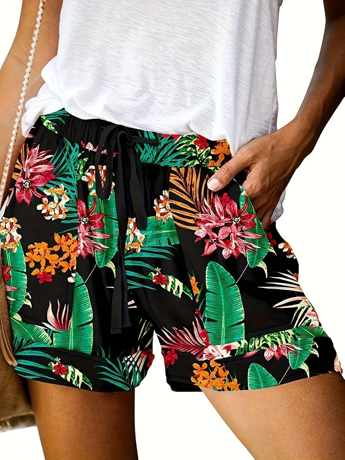 Plus Size High Stretch Loose Straight Leg Printed Women's Shorts Women’s Plus Size Clothing