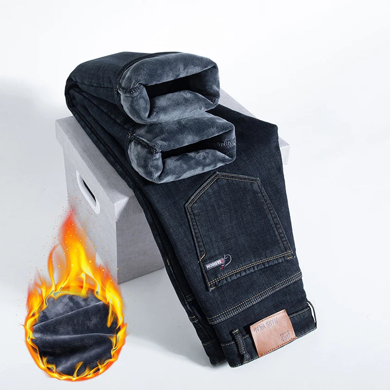 HIQOR Winter Fleece Thick Jeans Men Business Casual Straight Trousers Male Classic Blue Black Jeans For Men Work Denim Man Pants