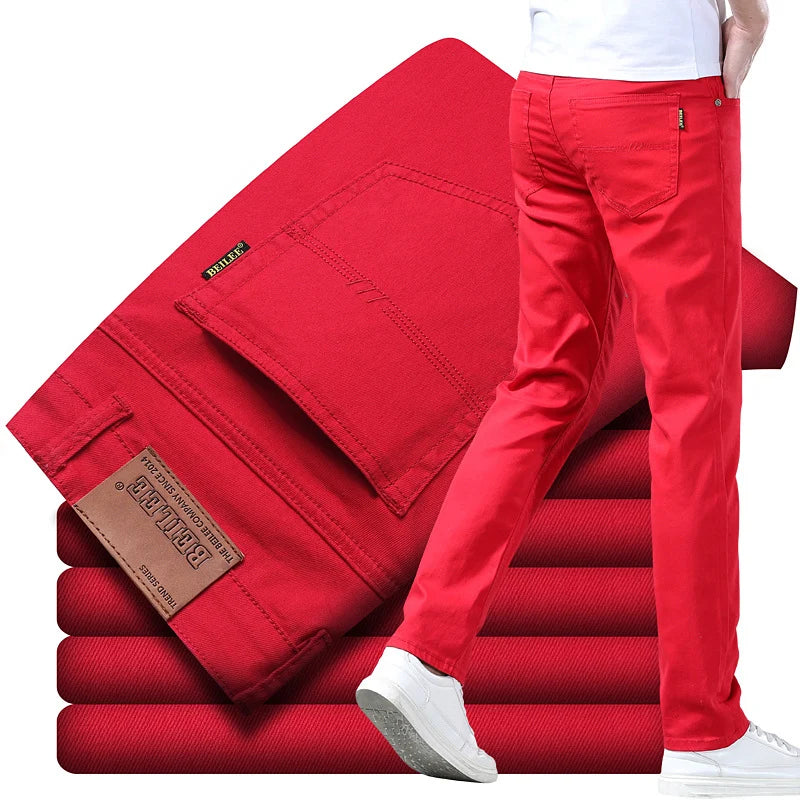 New High Quality Men's Trend Yellow Red White Jeans 2024 Spring Autumn Male High Waist Casual Pants Classic Brand Denim Trousers