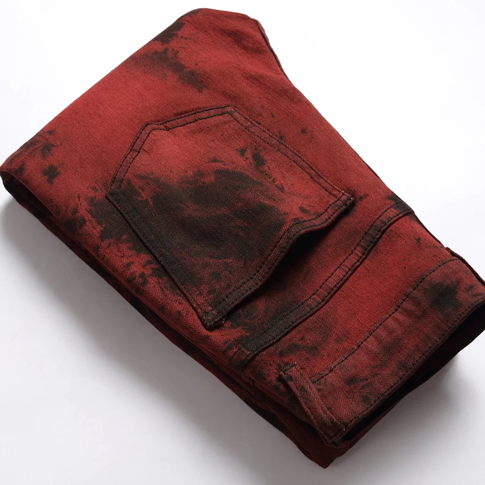 Men Tie and Dye Stretch Denim Jeans Brick Red Slim Straight Pants Streetwear Trousers