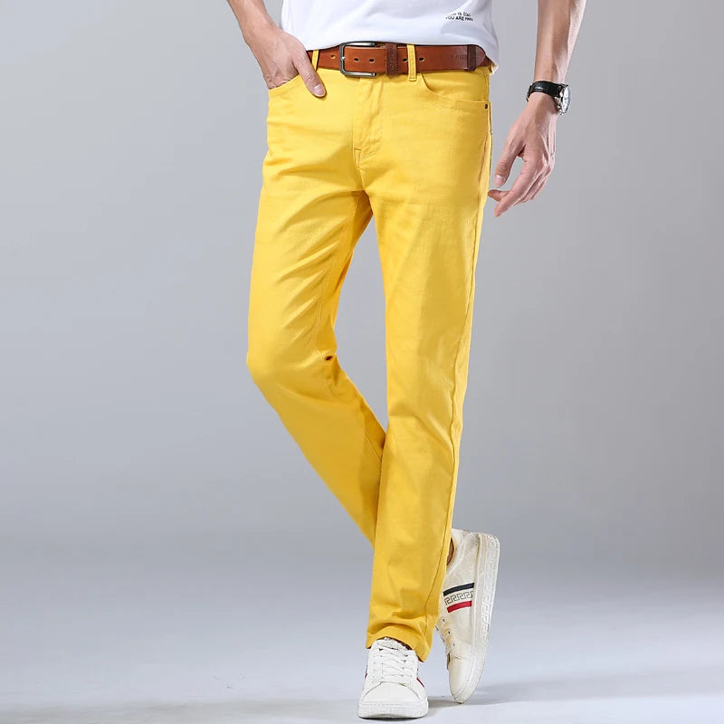 Classic Style Men's Jeans Fashion Business Casual Pants Straight Slim Denim Stretch Trousers Blue Red Yellow Male Brand Pants