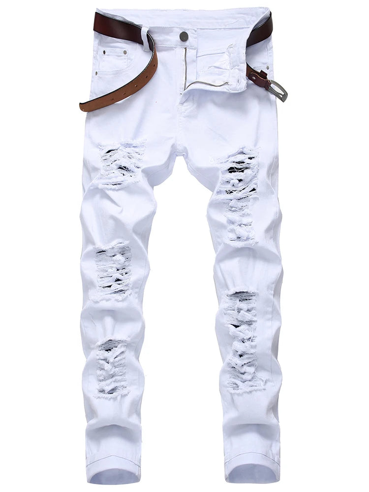 Jeans Straight Motorcycle Beggar Pants Large Size New European Hole White Red Black And American Men's Jeans Denim