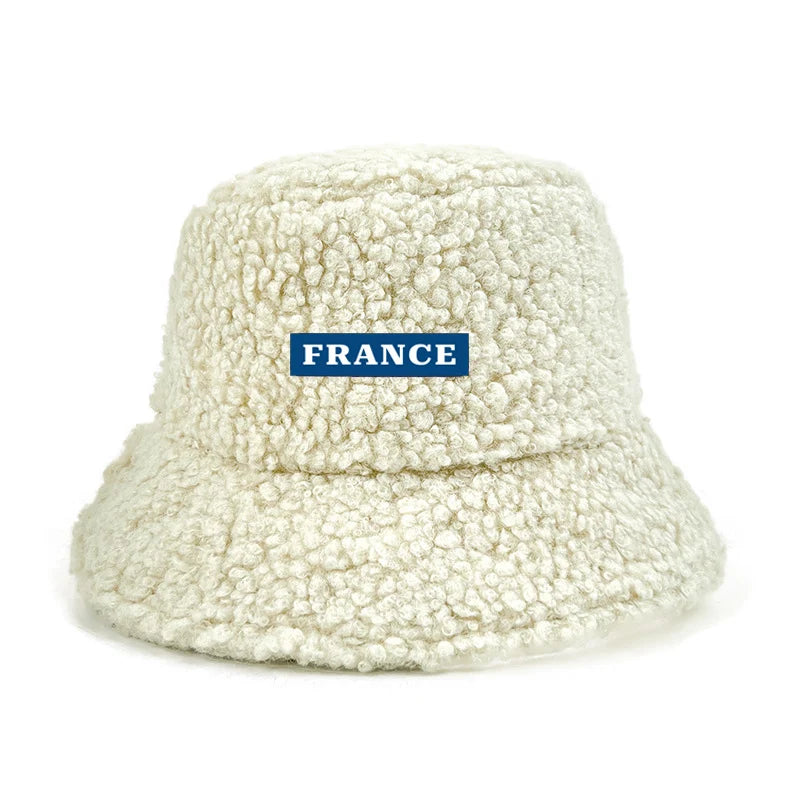 Custom Logo Text France Lamb Faux Fur bob Bucket Hat Winter Warm Velvet Hat For Women Lady Outdoor men Panama Fisherman VEST Hat