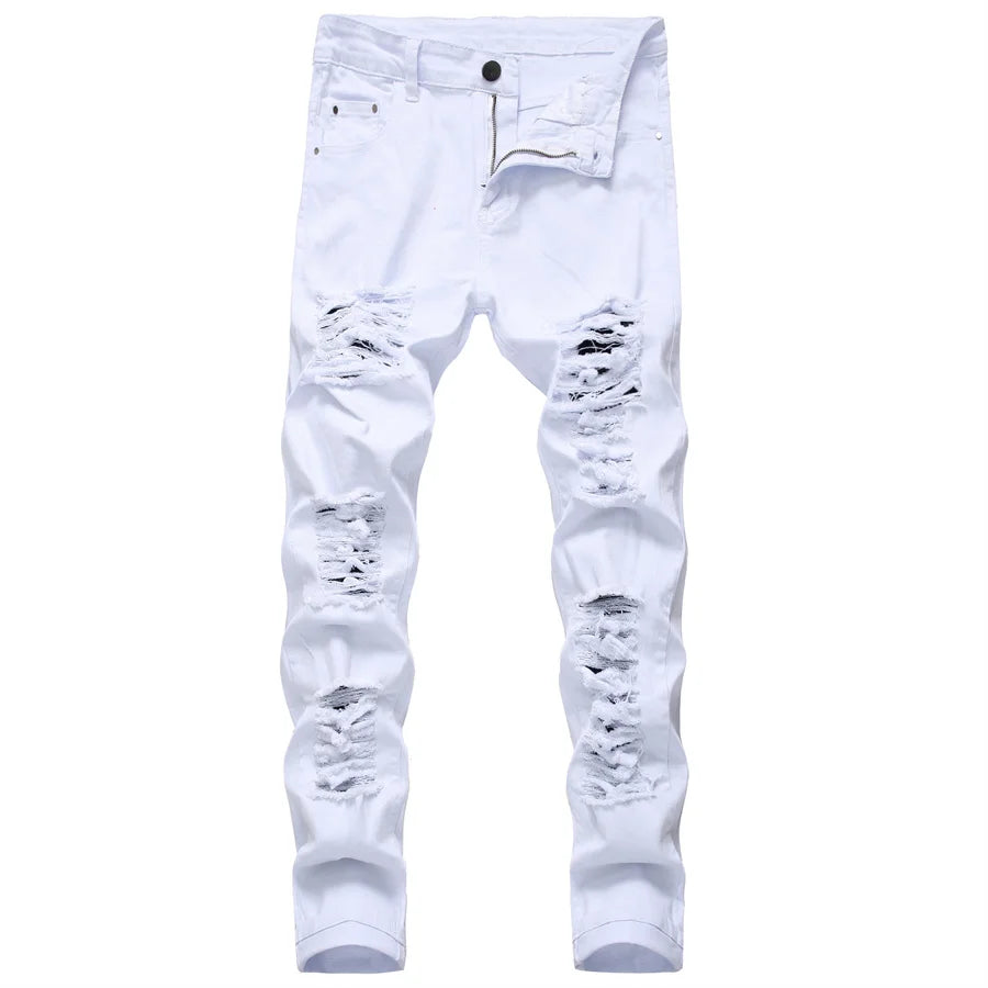 2025 New Men's Casual Jeans Trendy Red Hip Hop Holes Slim Denim Pants Ripped Trousers Versatile Stretch Distressed Pants Male