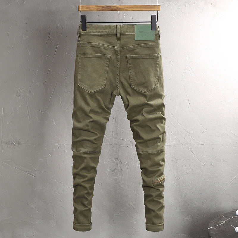 Fashion Designer Men Jeans Army Green Stretch Elastic Slim Fit Casual Jeans Men High Quality Korean Style Vintage Denim Pants