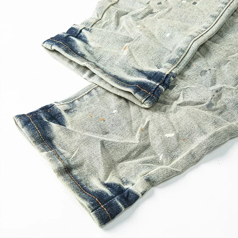 Retro Men's Jeans with American High Street Style and Purple Ripped Holes