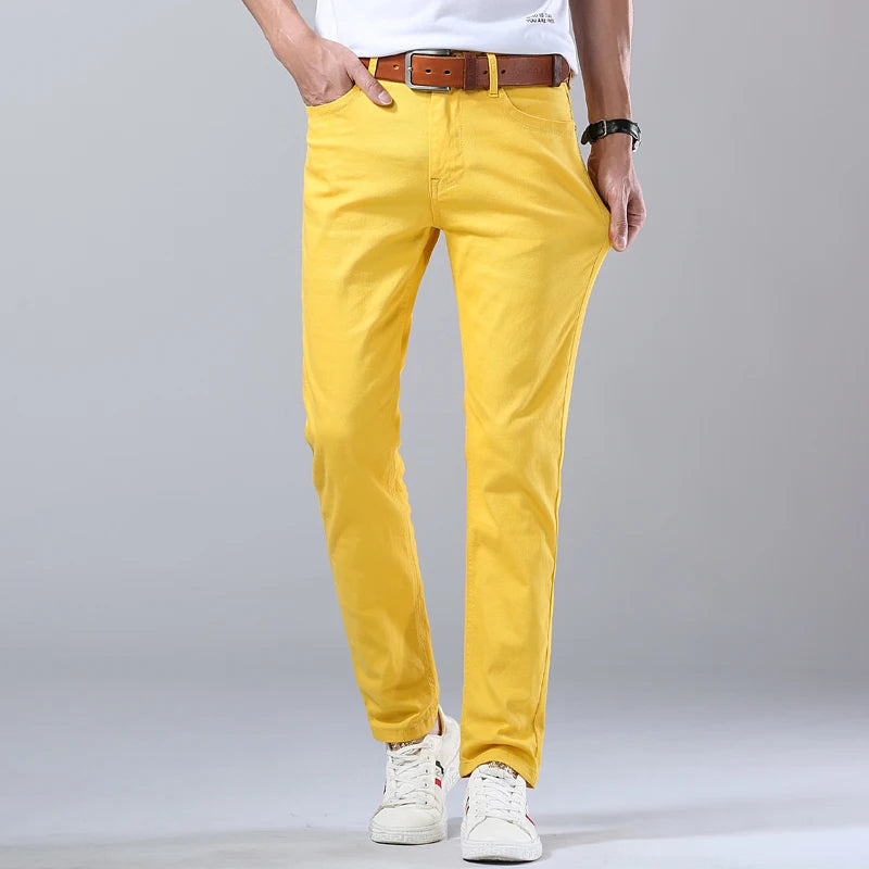 Classic Style Men's Jeans Fashion Business Casual Pants Straight Slim Denim Stretch Trousers Blue Red Yellow Male Brand Pants