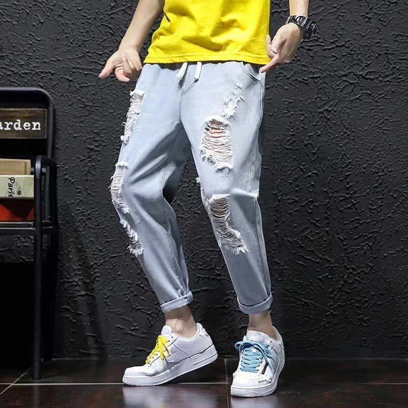 Male Cowboy Pants Oversize Summer Cropped Ripped Men's Jeans with Holes Broken Torn Plus Big Size Trousers Korean Fashion Cheap