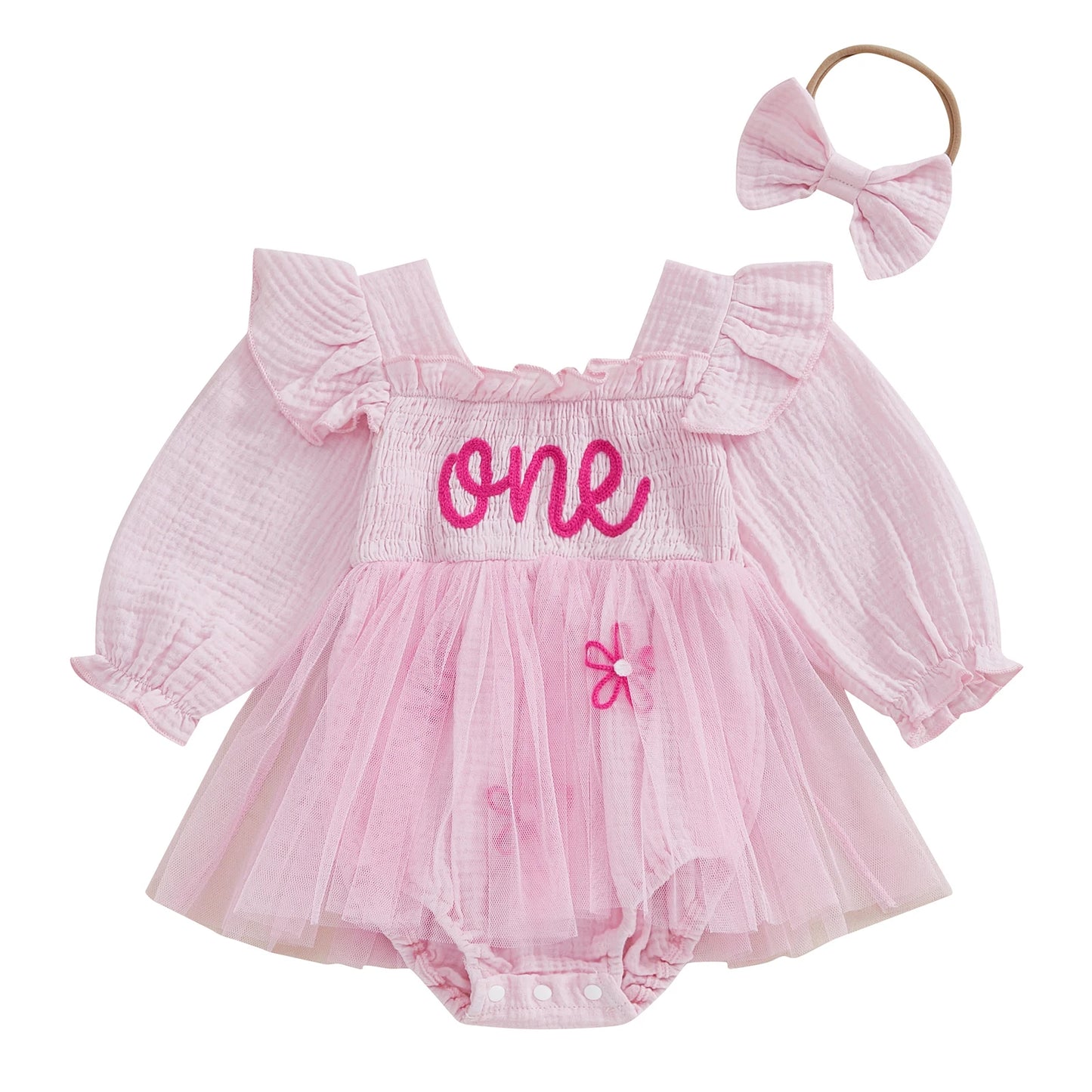 Baby Girls Romper Dress Mesh Flower Letter Pattern Ruffled Long Sleeve Smocked Jumpsuits Bow Headband