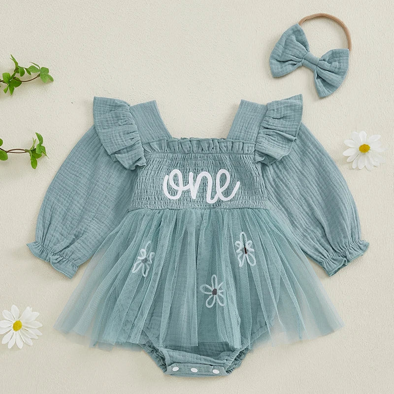 Baby Girls Romper Dress Mesh Flower Letter Pattern Ruffled Long Sleeve Smocked Jumpsuits Bow Headband