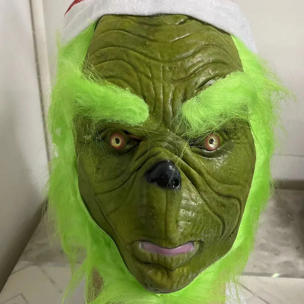 Halloween Prop New Christmas Easter Horror Mask Geek Grinch Latex Mask Hood Cosplay Green Hair Geek Grinch Scary Realistic Mask