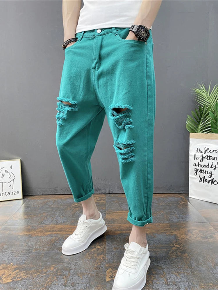 Japanese Trend New Men's Ripped Hole Jeans White Green Black Ankle Length Youth Fashion Loose Denim Harem Cargo Pants