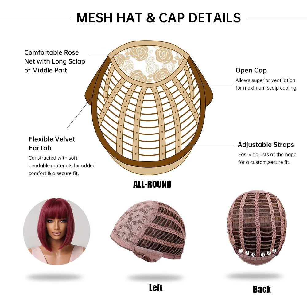 Short Wine Red Synthetic Wigs Straight Hair Wig with Bangs Bob Hair for Black Women Afro Cosplay Party Heat Resistant Wigs