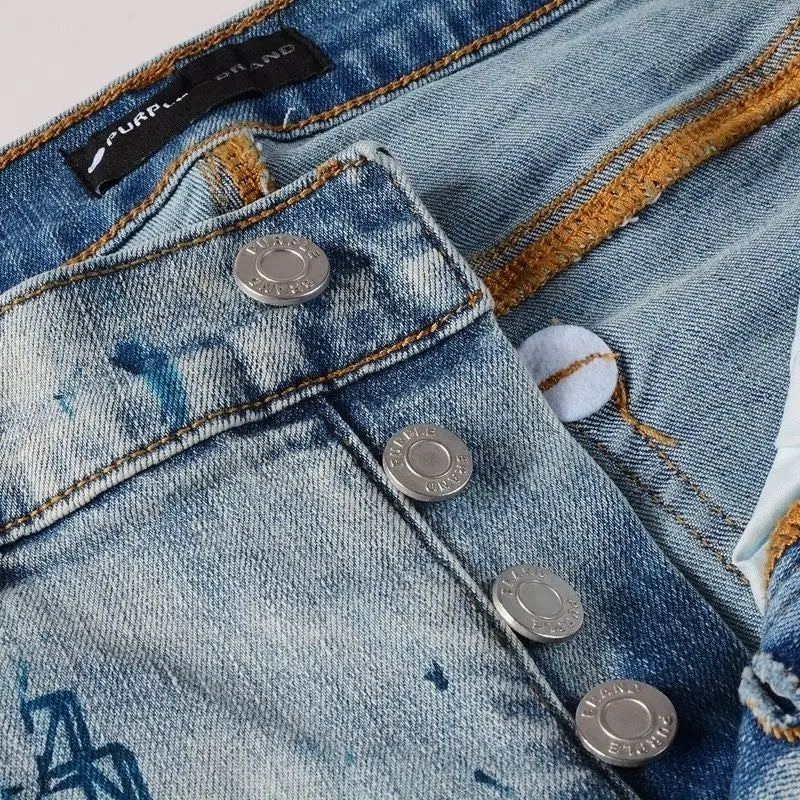 Purple new slim-fit hand-painted printed pants light blue trendy men's jeans casual pants