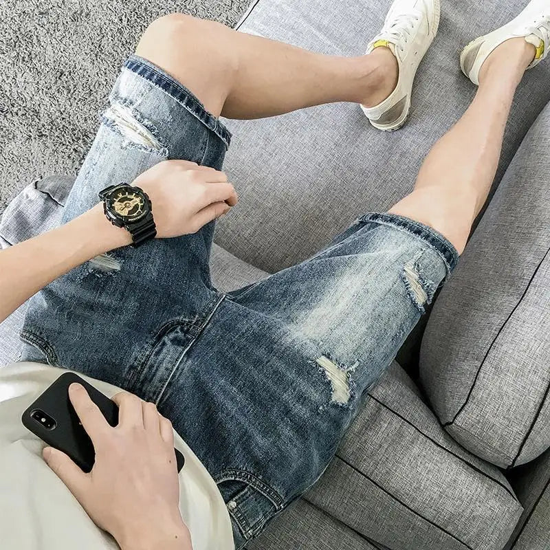 Male Denim Shorts Straight Slim Ripped Men's Short Jeans Pants Skinny Cowboy Rude Harajuku Sale Y2k Fashion Streetwear Jorts Xl