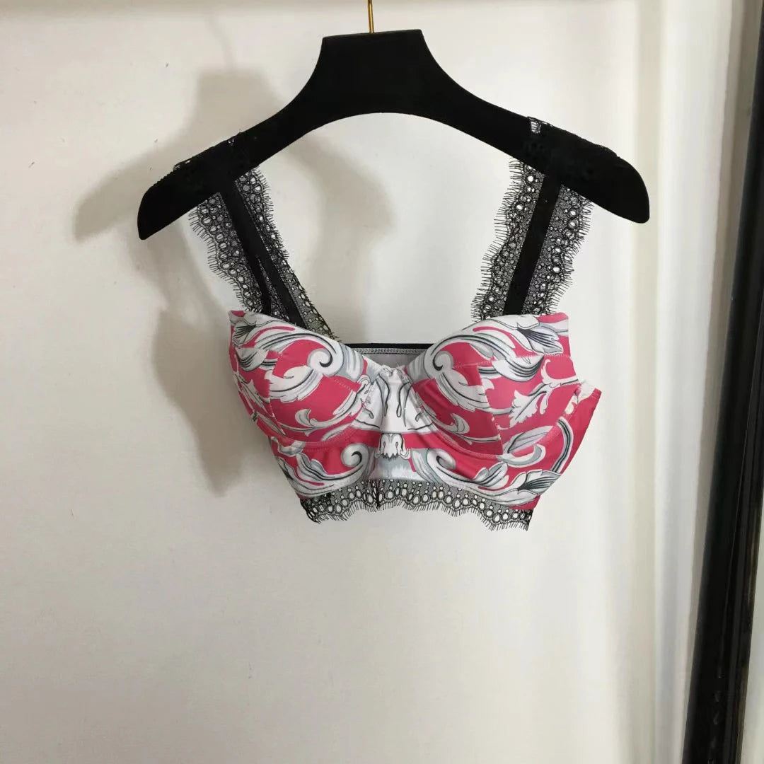 Luxury Design Women's Yoga Sport Sets Retro Print Lace Strapless Tank Tops Tight Pants Fashion Brand Women's Two-piece Swimsuits