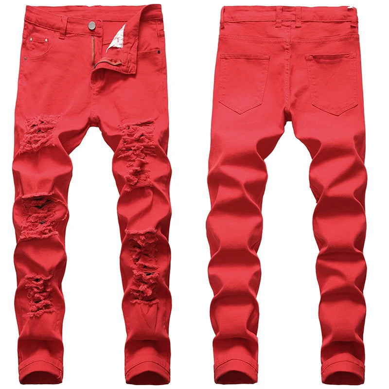 Jeans Straight Motorcycle Beggar Pants Large Size New European Hole White Red Black And American Men's Jeans Denim