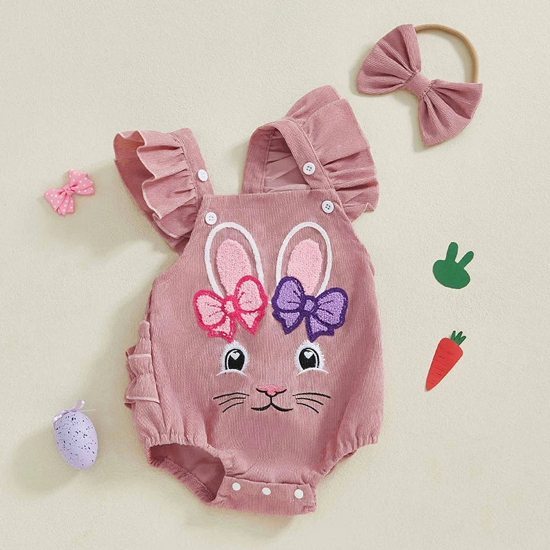 Adorable Toddler Girls Easter Outfit Set with Bunny Embroidery Ruffle Sleeves Romper Headband and Matching Shoes