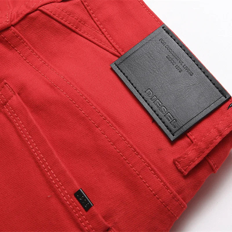 Men's Jeans Red Simple Trend Stretch Slim Pants Mid-Waist Fashion Embroidery Premium Brand Jeans Street Hip Hop Clothing