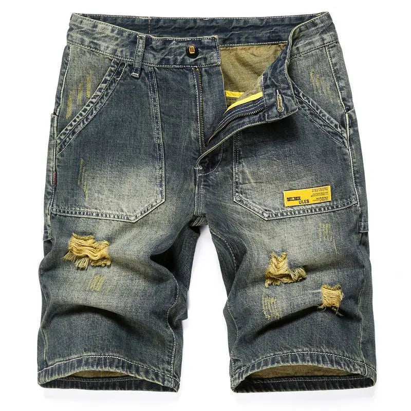 Men's Short Jeans Pants Cargo Ripped with Pockets Vintage Male Denim Shorts Streetwear Jorts Luxury Wih Zipper Buttons Blue Rude