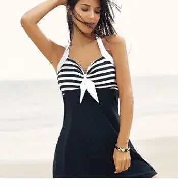 Plus Size Vintage Bathing Suit Two Piece Swim Wear with Dress Halter Tankini Swimsuits Women Striped Push-up Beachwear Shorts
