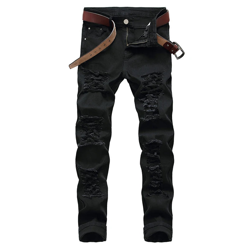 Men's Red White Black Color Fashion Jeans Slim Stretch Pencil Denim Pants Hole Casual Classic Trousers Versatile Brand Big Size